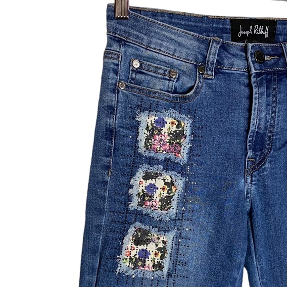 Joseph Ribkoff Mid Rise Skinny Stretch Jeans Floral Patch Black Rhinestones 2 - Picture 6 of 16